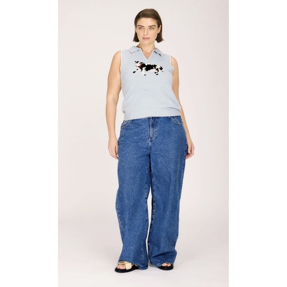 Rachel Antonoff Bessie Polo Pale Blue Knit Cow Vest Pullover Sweater 1X Anthro